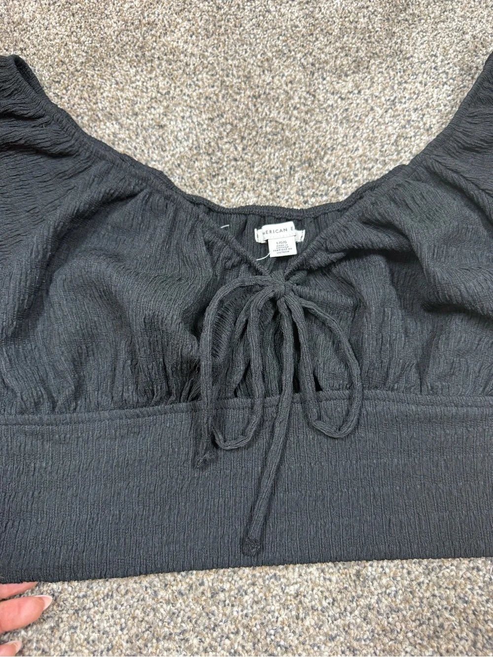 American Eagle Outfitters Black Smocked Tie-Front Crop Top